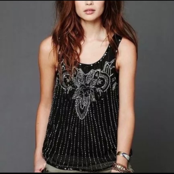 Free People Tops - Free People Beaded with Sequin Black Tank Top Size XS